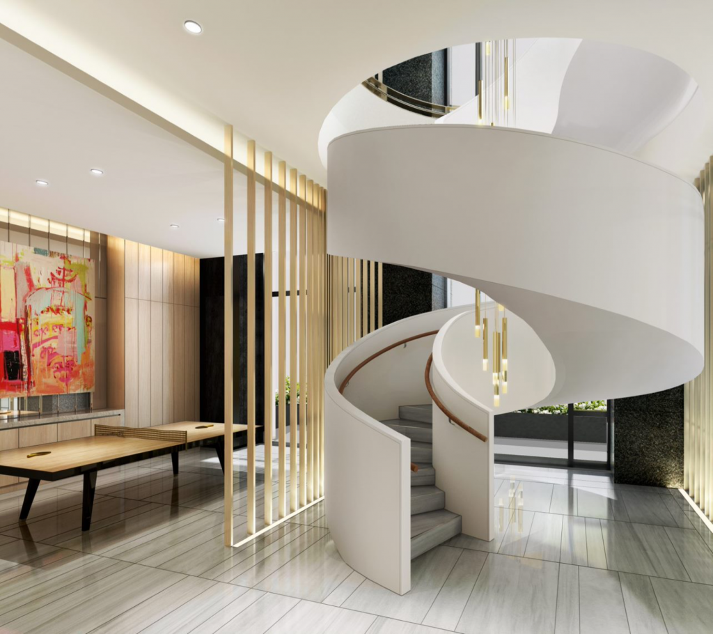 Spiral staircase connecting the amenities floors at 277 Fifth Avenue 